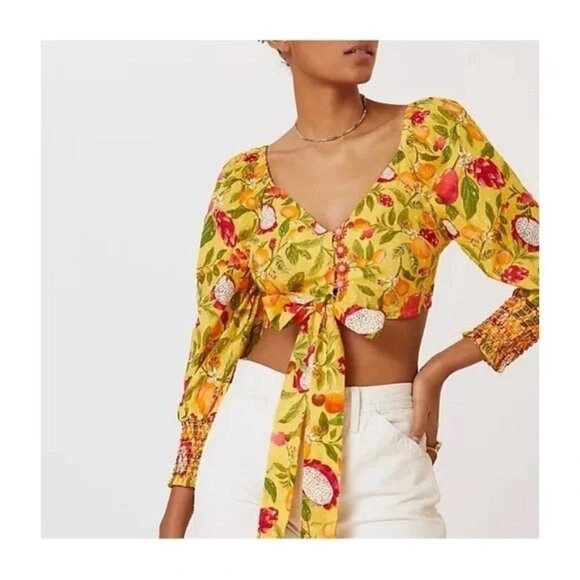 NWT Farm Rio Anthropologie Deep-V Tie-Waist Yellow Crop Top Size S Colorful - Picture 1 of 9